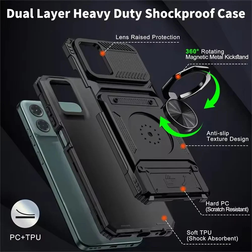 A dual-layer heavy-duty shockproof phone case with lens protection, a 360-degree rotating magnetic metal kickstand, and anti-slip texture design.