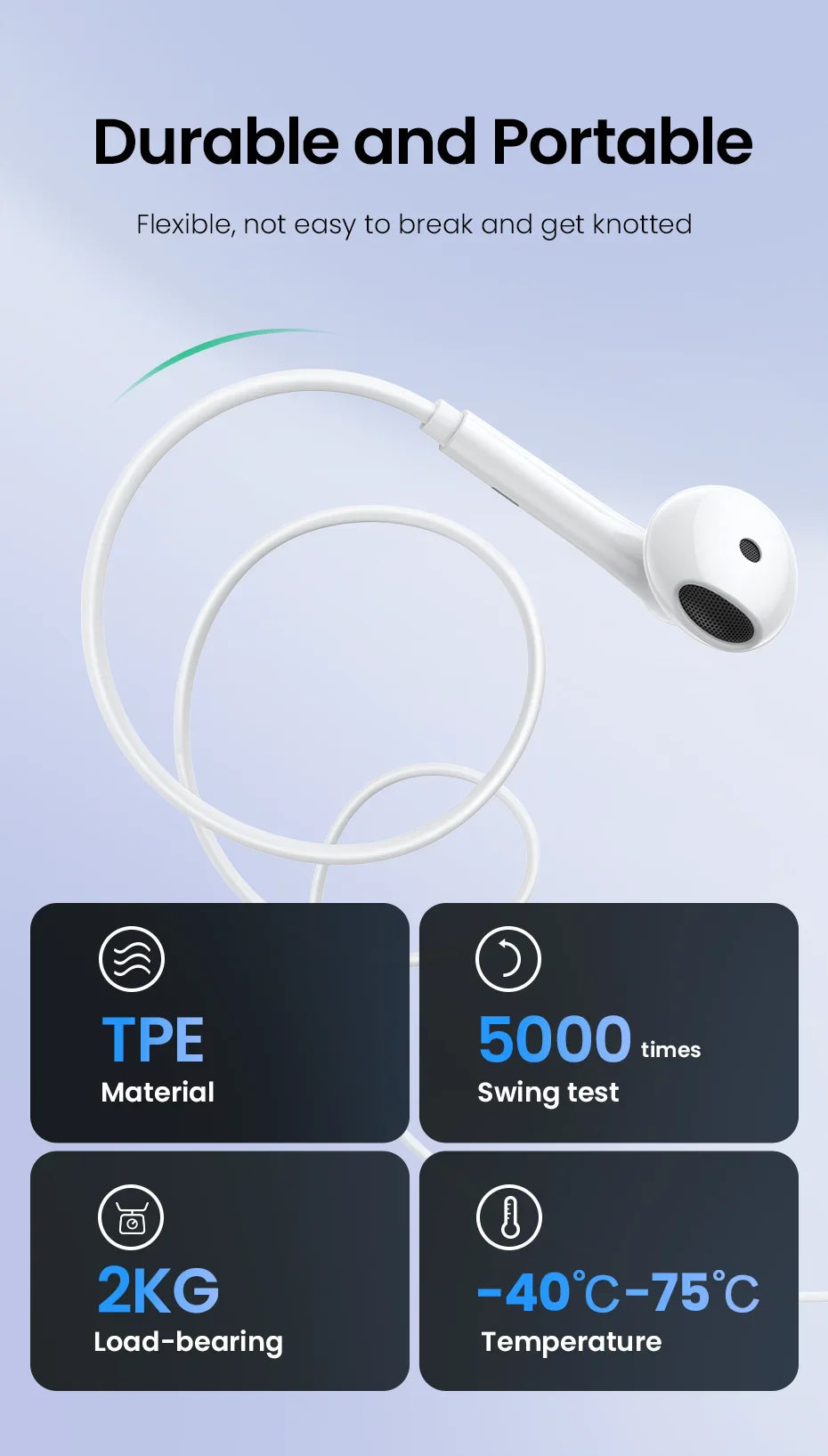Durable white wired earbud.