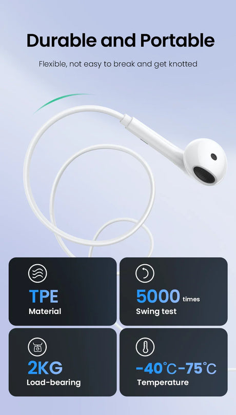 Durable white wired earbud.