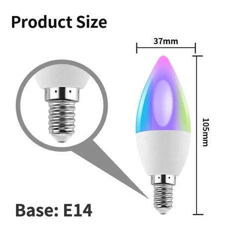 E14 base, multicolored LED bulb with dimensions.