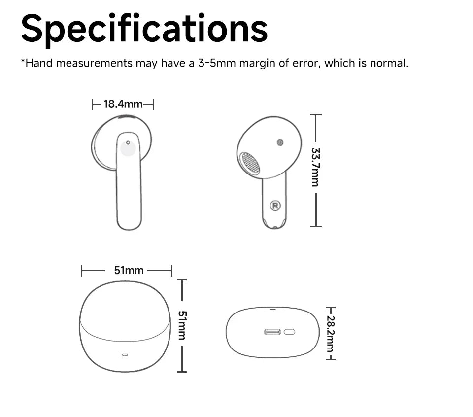 Earbud and charging case dimensions.