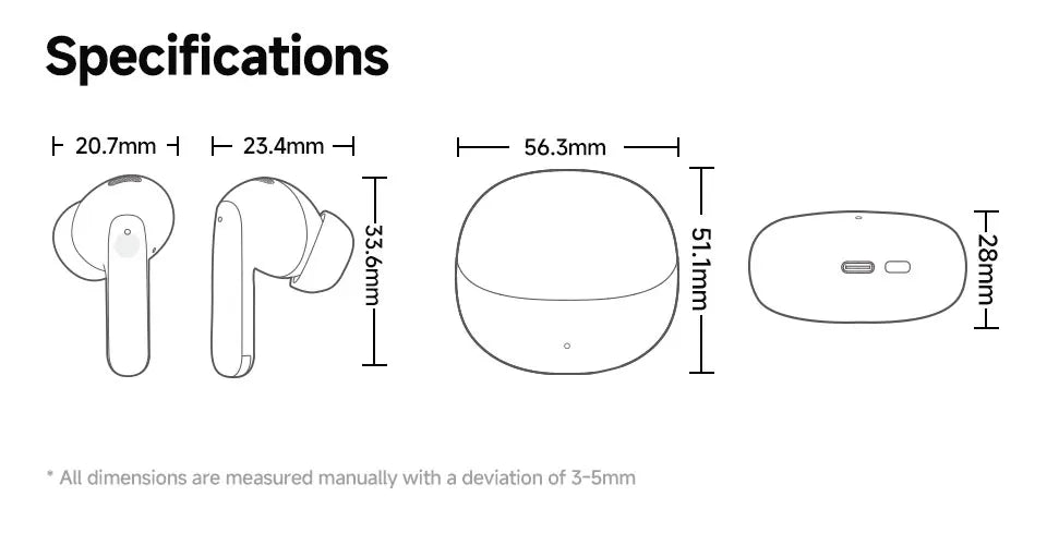 Earbud and charging case dimensions.
