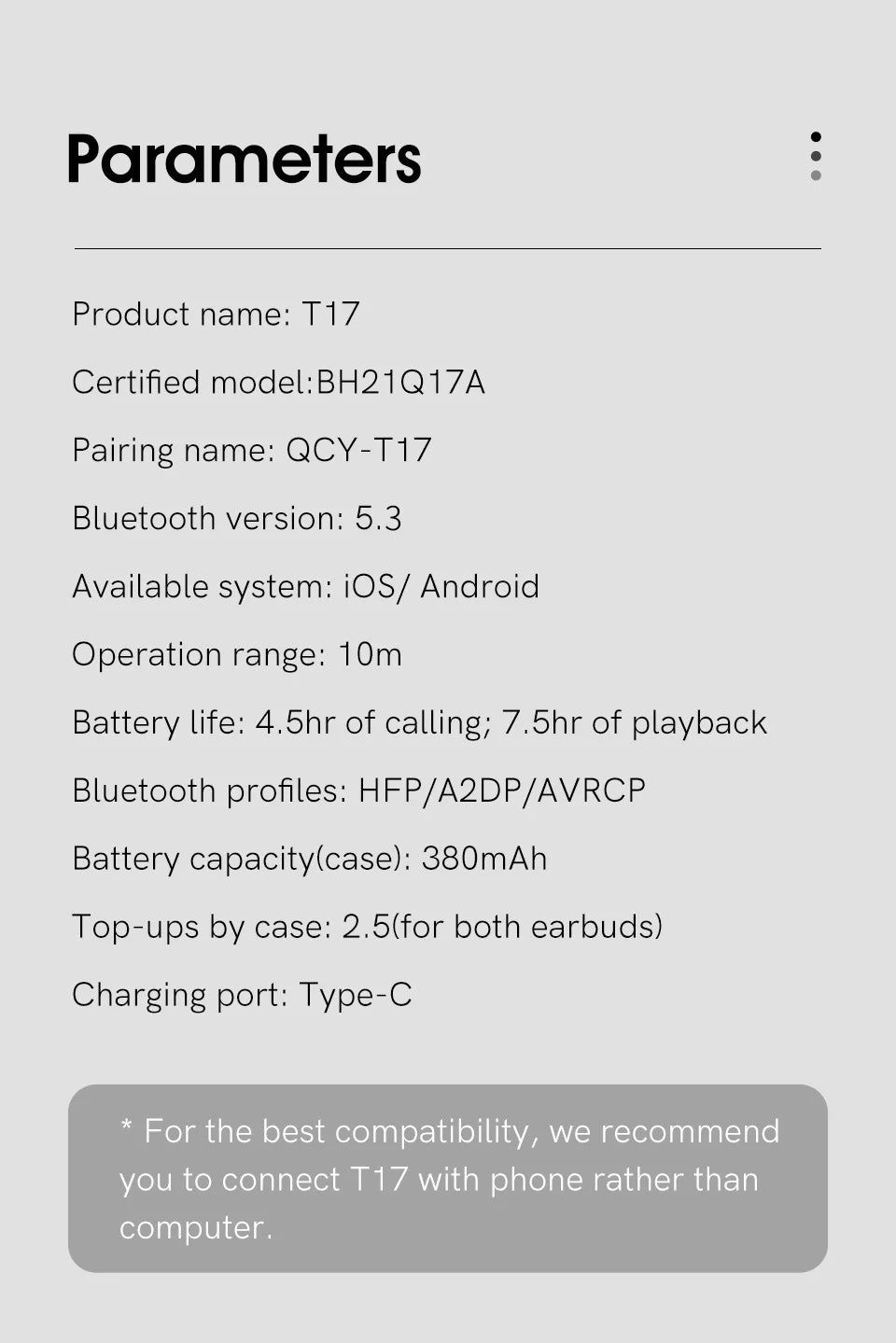 Earbud parameters.