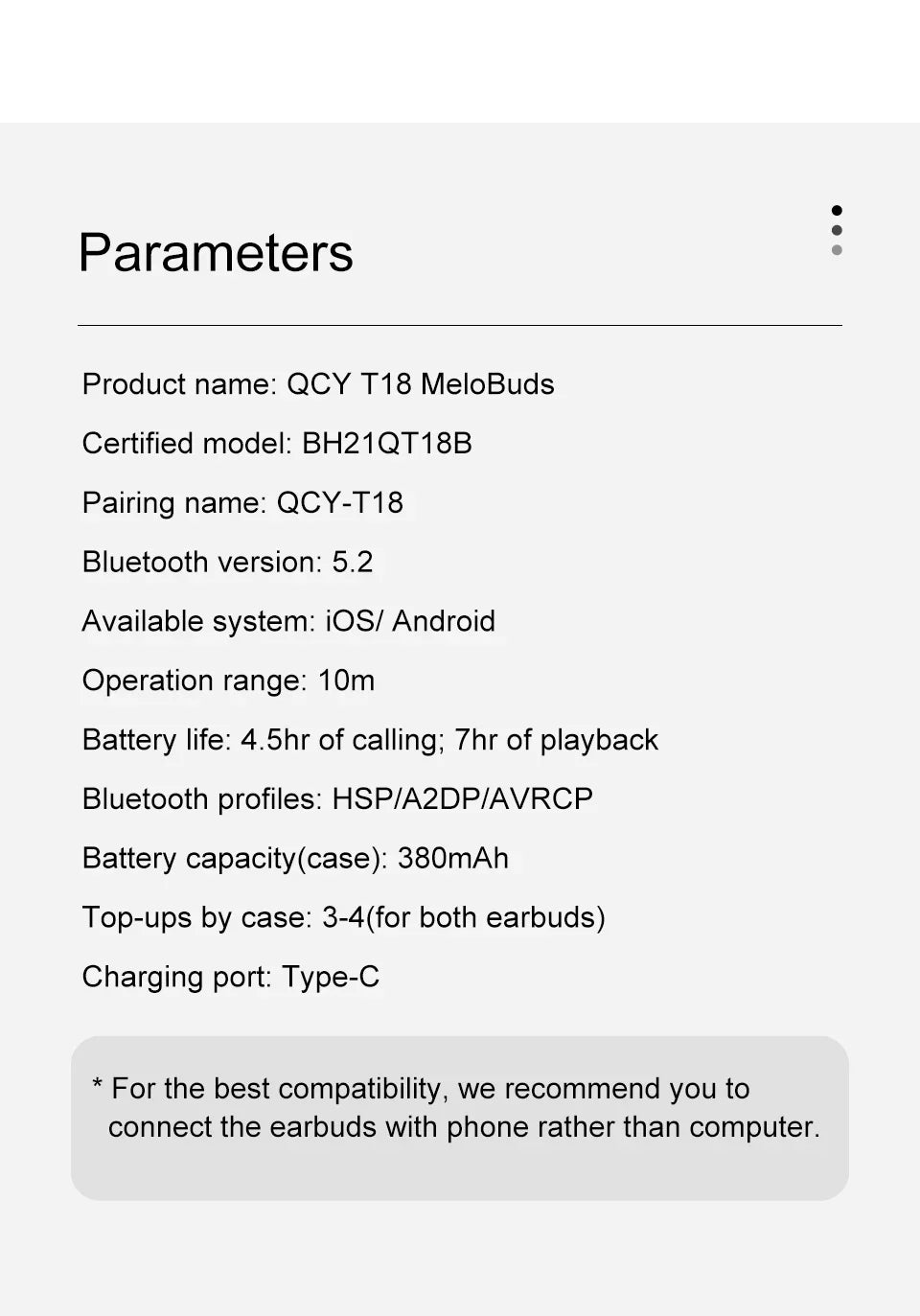 Earbud parameters.