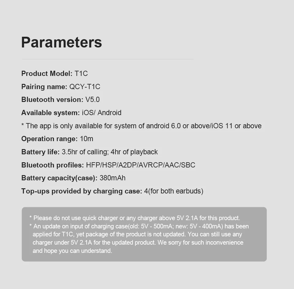 Earbud parameters.