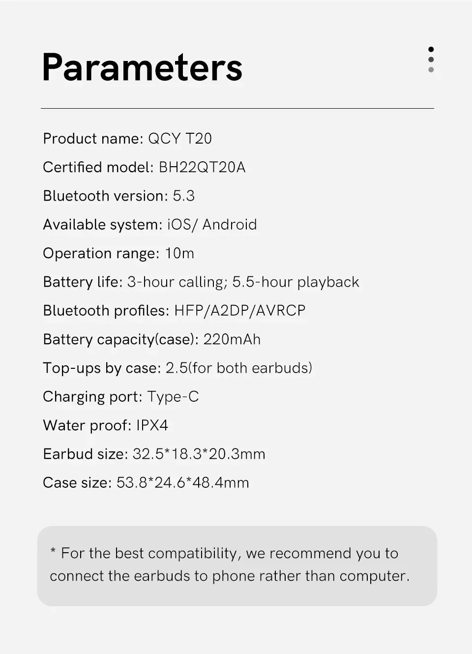 Earbud parameters.