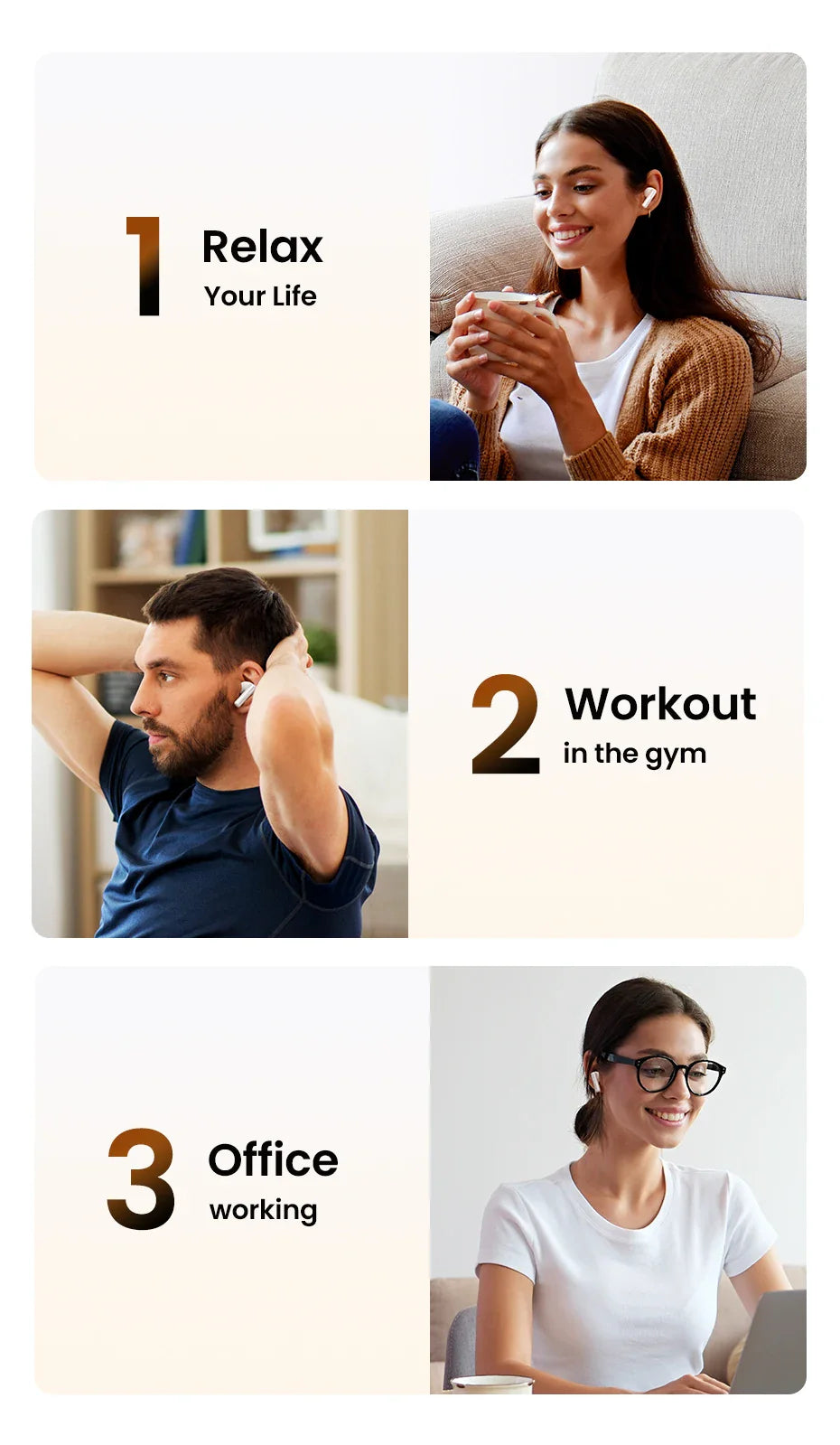 Earbud usage scenarios.