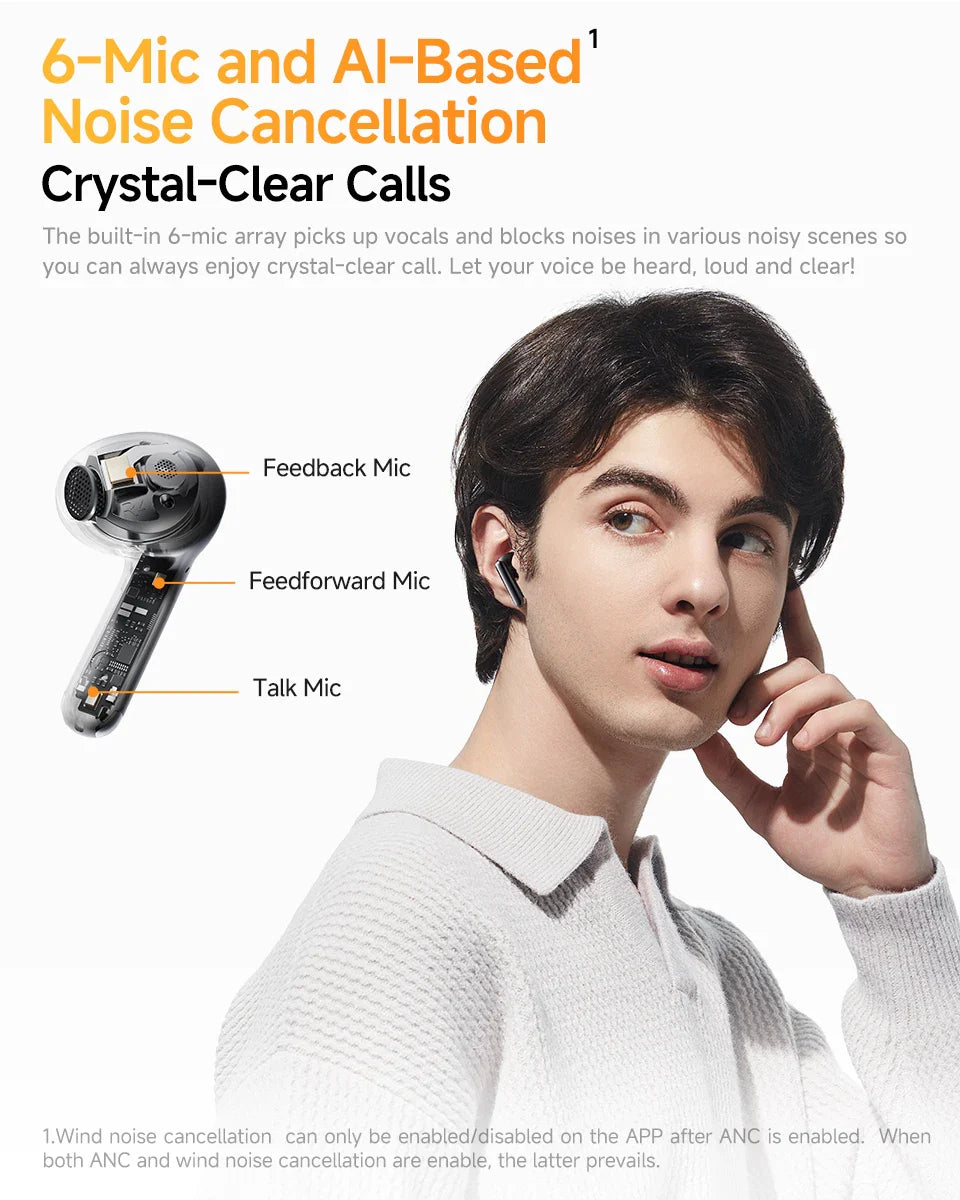 Noise-canceling earbuds with multiple microphones.
