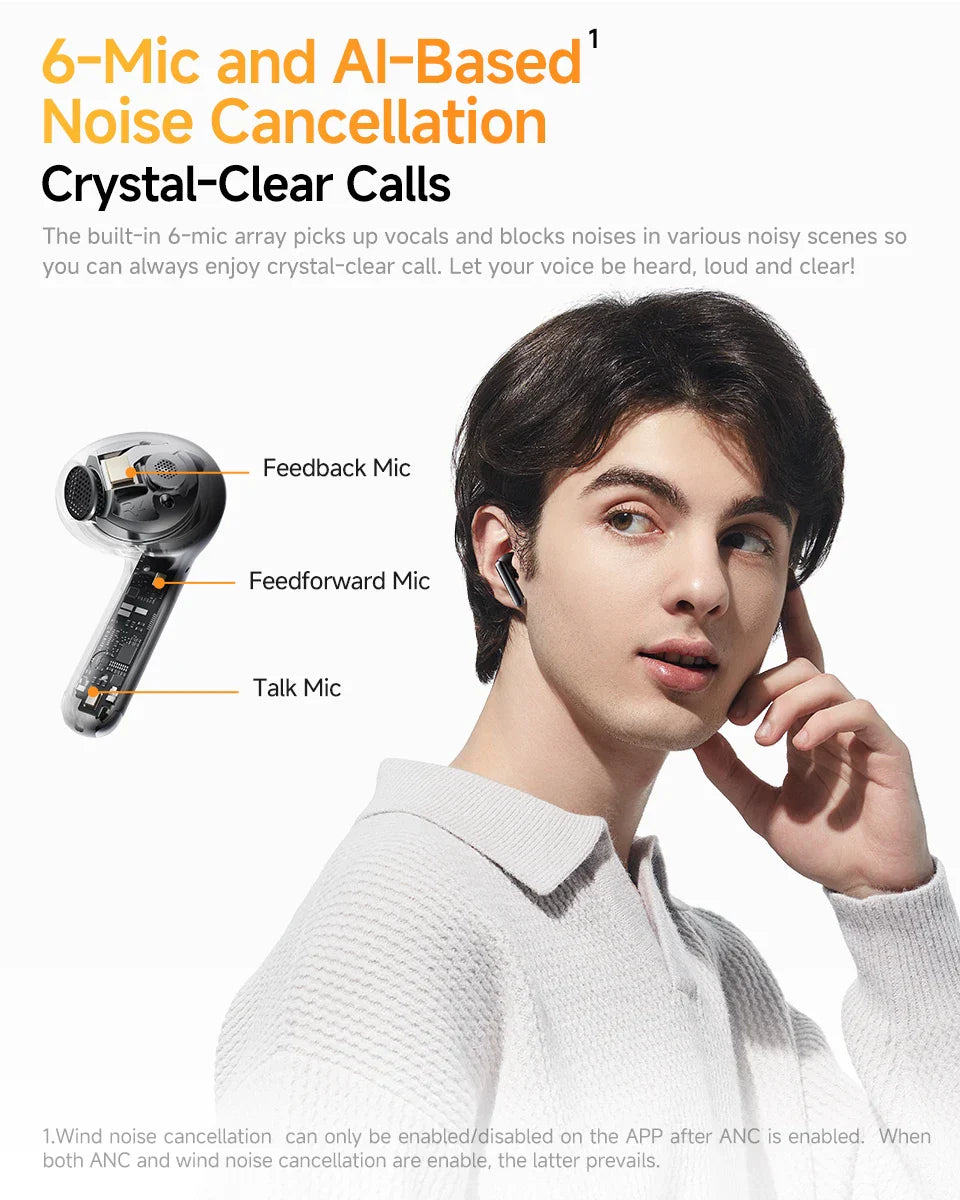 Noise-canceling earbuds with multiple microphones.