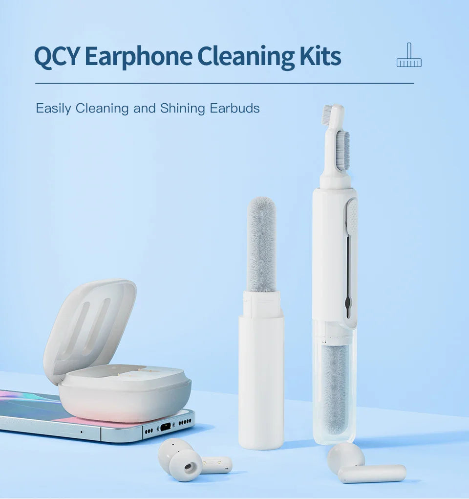 Earphone cleaning kit with various tools and accessories for maintaining earbuds.