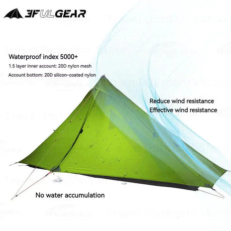 there is a green tent with a waterproof roof and a waterproof roof