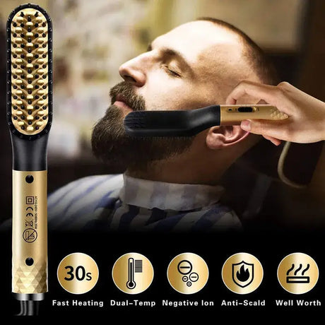 a man with a beard brusher and a gold comb