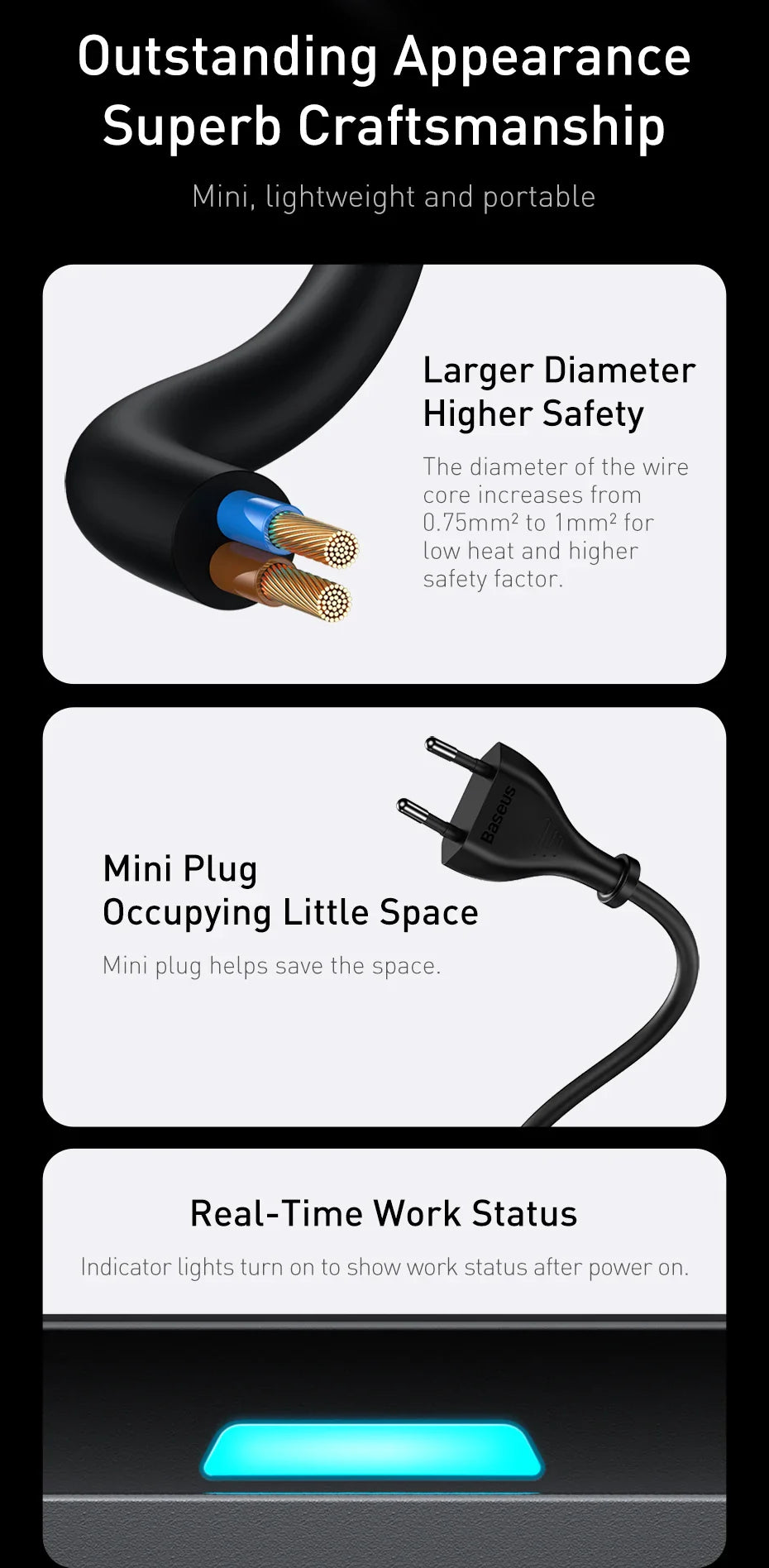 Electrical power adapter or charger with highlighted features like larger wire diameter, compact plug design, and status indicator light.