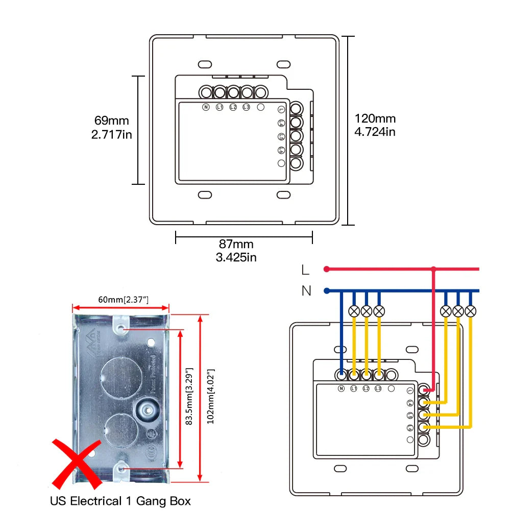 Electrical switch dimensions and wiring diagram.