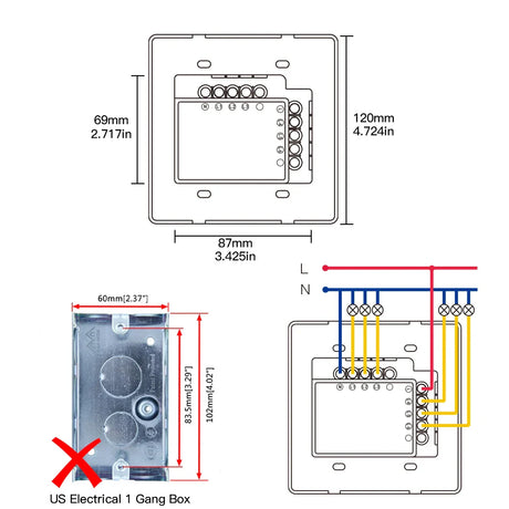 Electrical switch dimensions and wiring diagram.