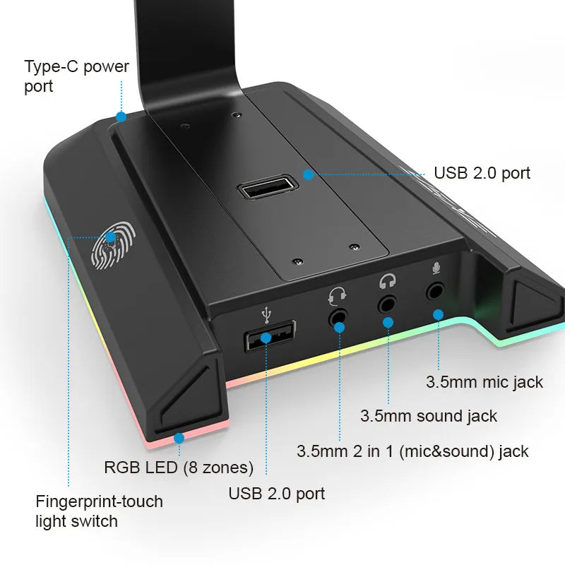 Electronic device hub with multiple ports and features, including USB, audio jacks, and a fingerprint sensor.