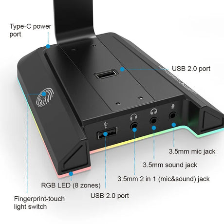 Electronic device hub with multiple ports and features, including USB, audio jacks, and a fingerprint sensor.