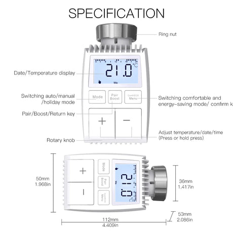 Electronic radiator thermostat with dimensions.