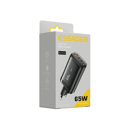 Essager 65W fast charging adapter in its product packaging.
