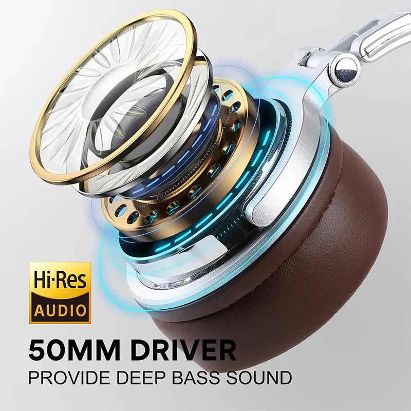 Exploded view of a 50mm audio driver with gold and silver components, highlighting its deep bass capabilities.