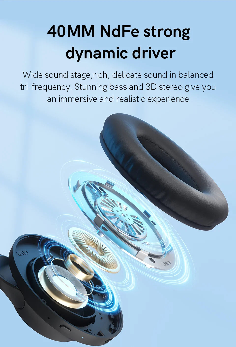 Exploded view of black headphones.