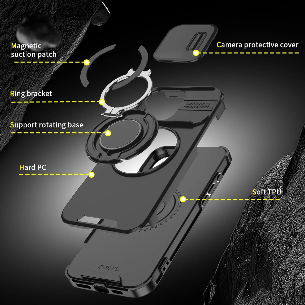 Exploded view of a black phone case with a ring stand and camera cover.