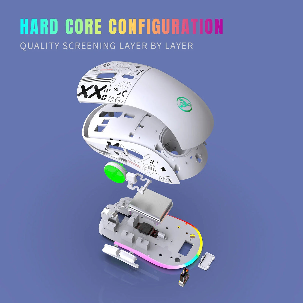 Exploded view of a computer mouse showing its internal components and layers.