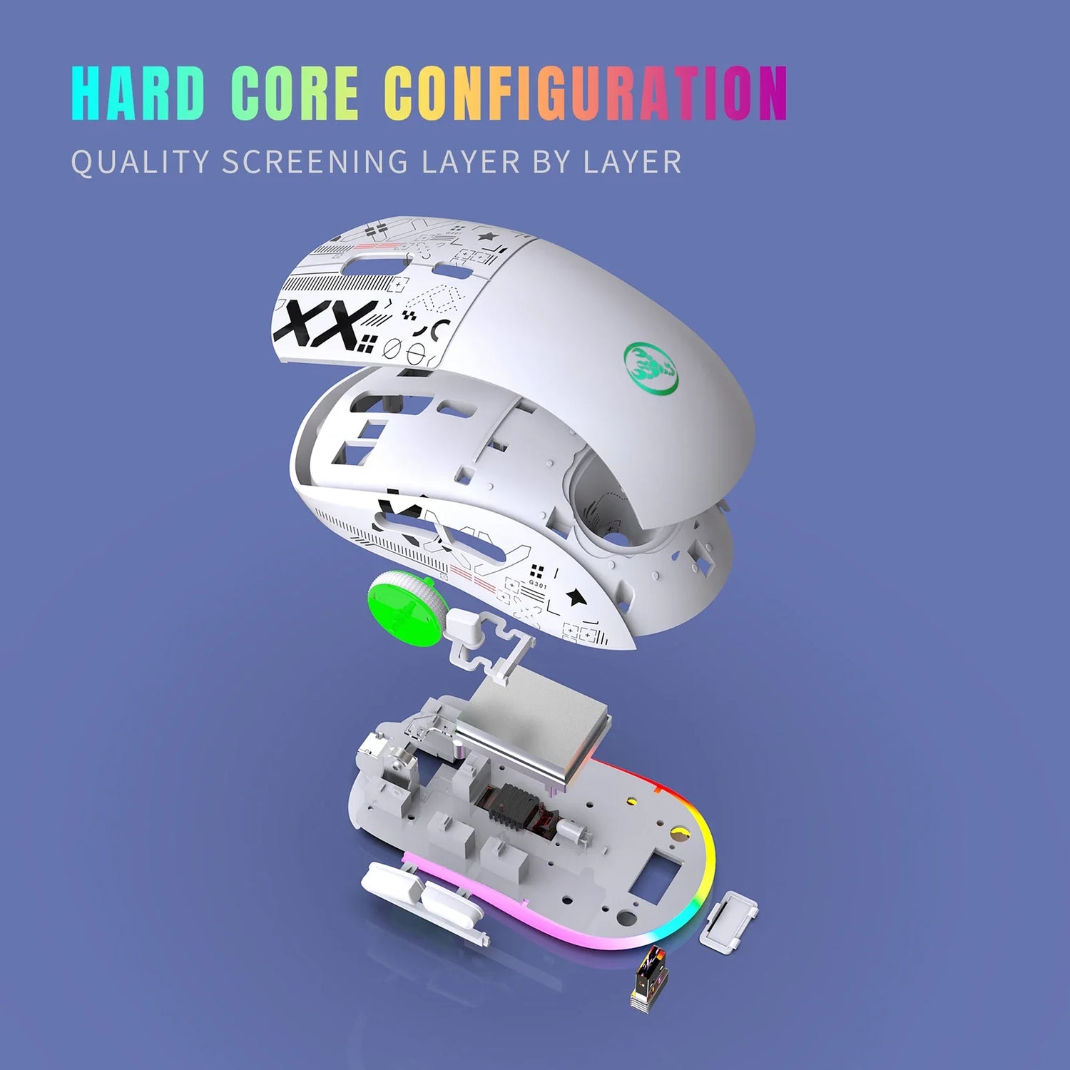 Exploded view of a computer mouse showing its internal components and layers.