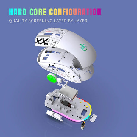 Exploded view of a computer mouse showing its internal components and layers.