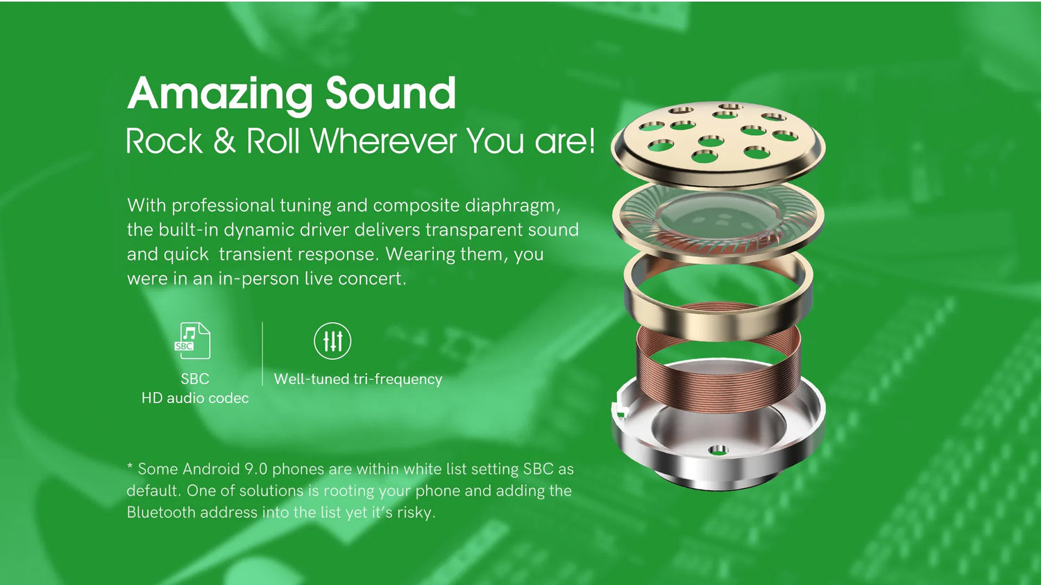 Exploded view of earbud components.