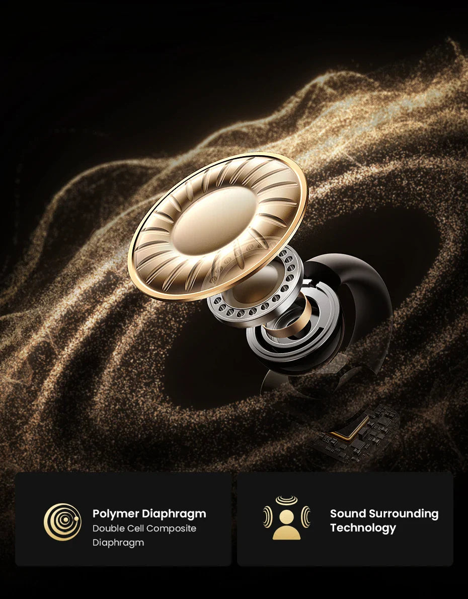 Exploded view of a golden and black earbud.