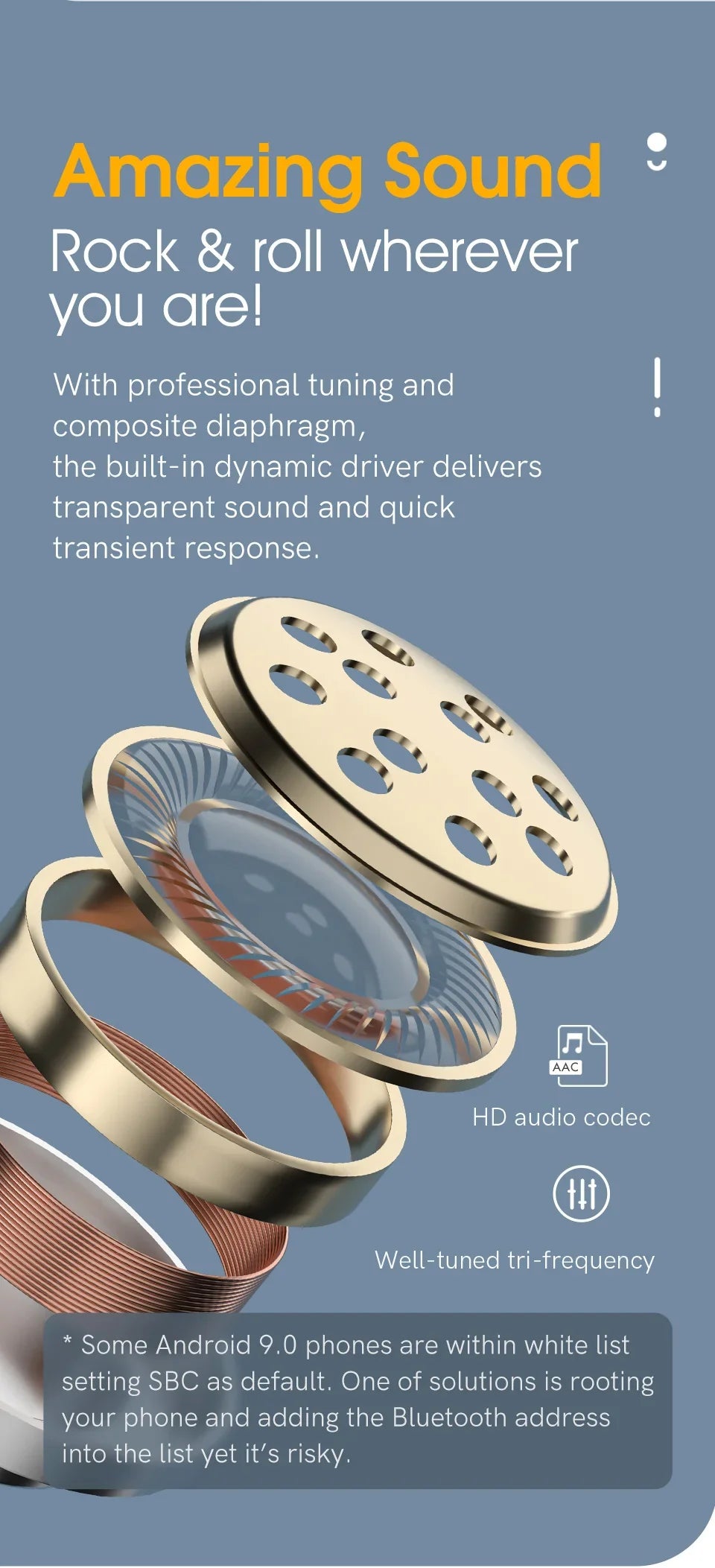 Exploded view of golden earbuds.