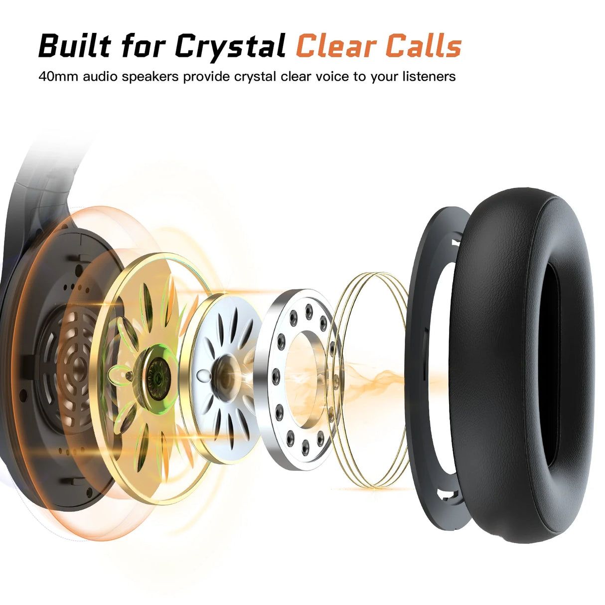 Exploded view of a headphone speaker showing internal components and construction.