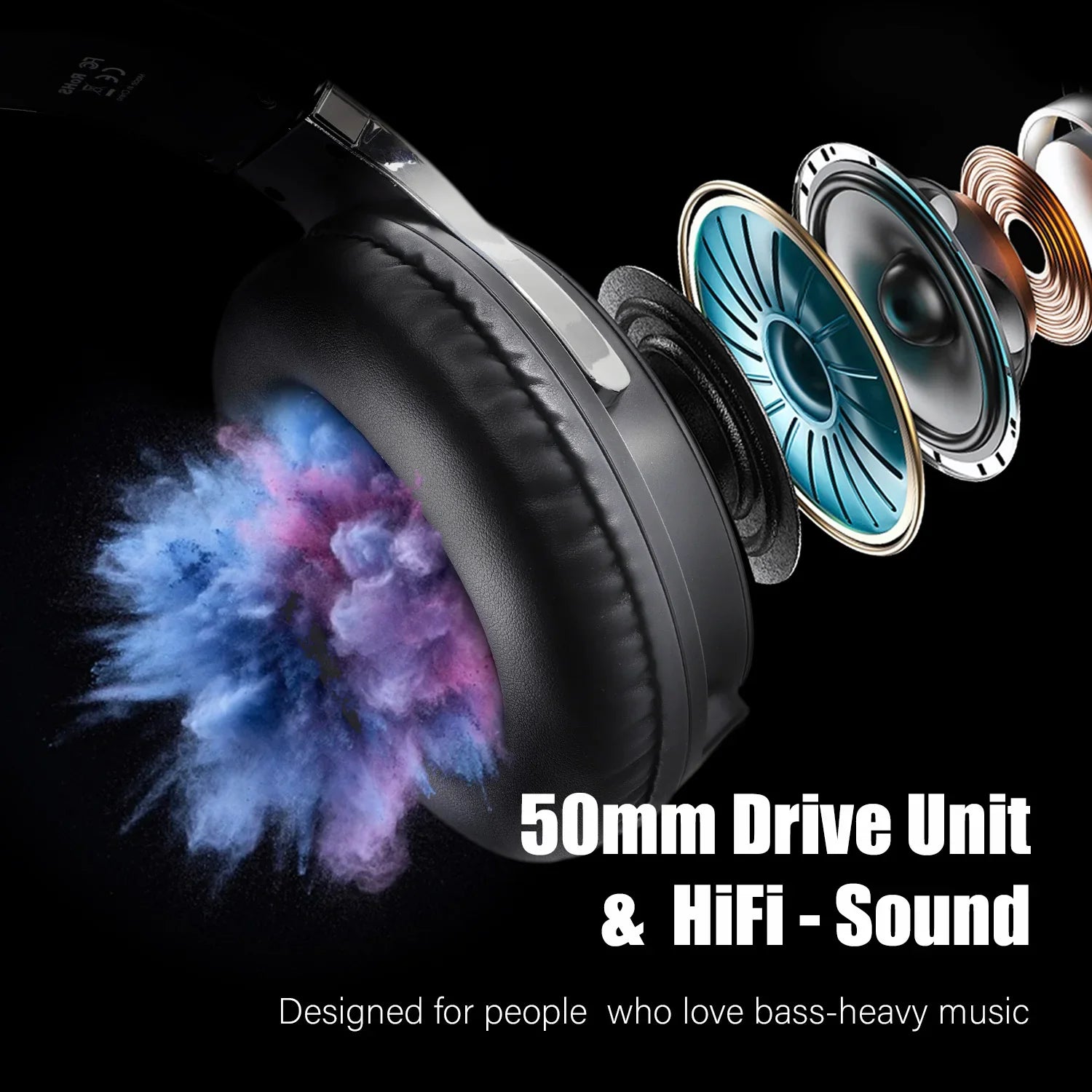 Exploded view of a headphone speaker driver with colorful powder burst.