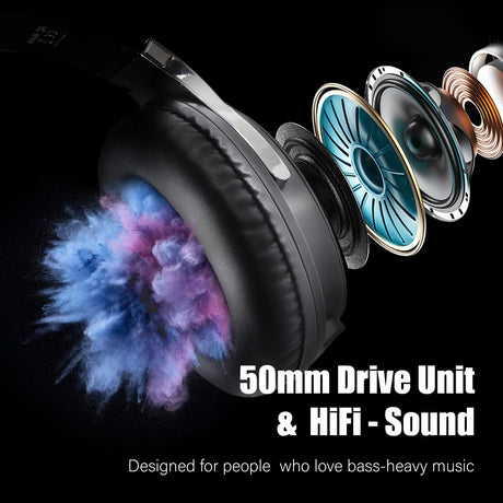 Exploded view of a headphone speaker driver with colorful powder burst.