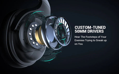 Exploded view of a high-tech audio driver or speaker component with custom-tuned 50mm drivers.