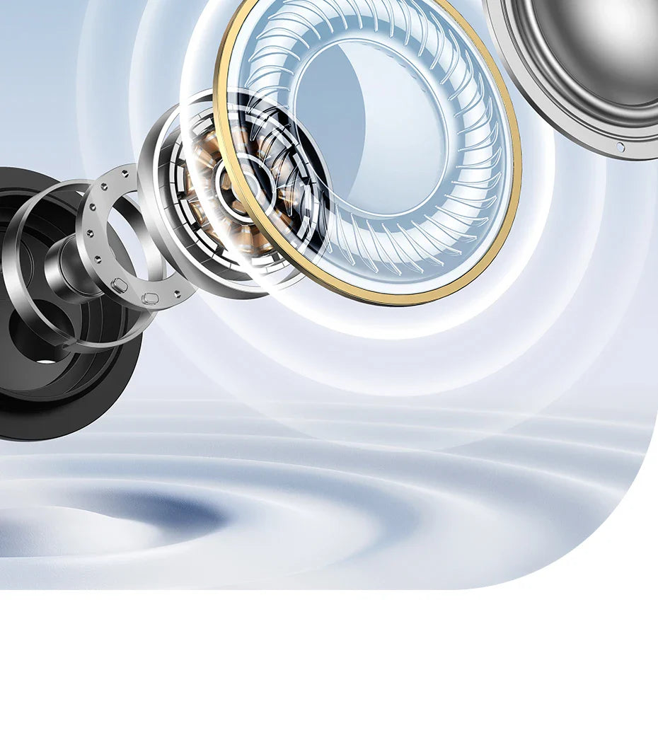 Exploded view of a mechanical or electronic component, likely a speaker or headphone driver.