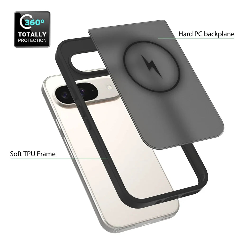 Exploded view of a two-piece phone case with a soft TPU frame and a hard PC backplane with a charging symbol.
