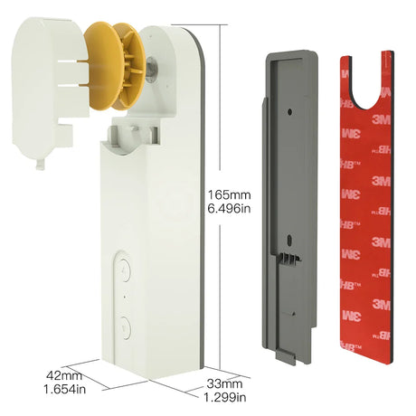Exploded view of a white automatic blind opener with mounting hardware and dimensions.