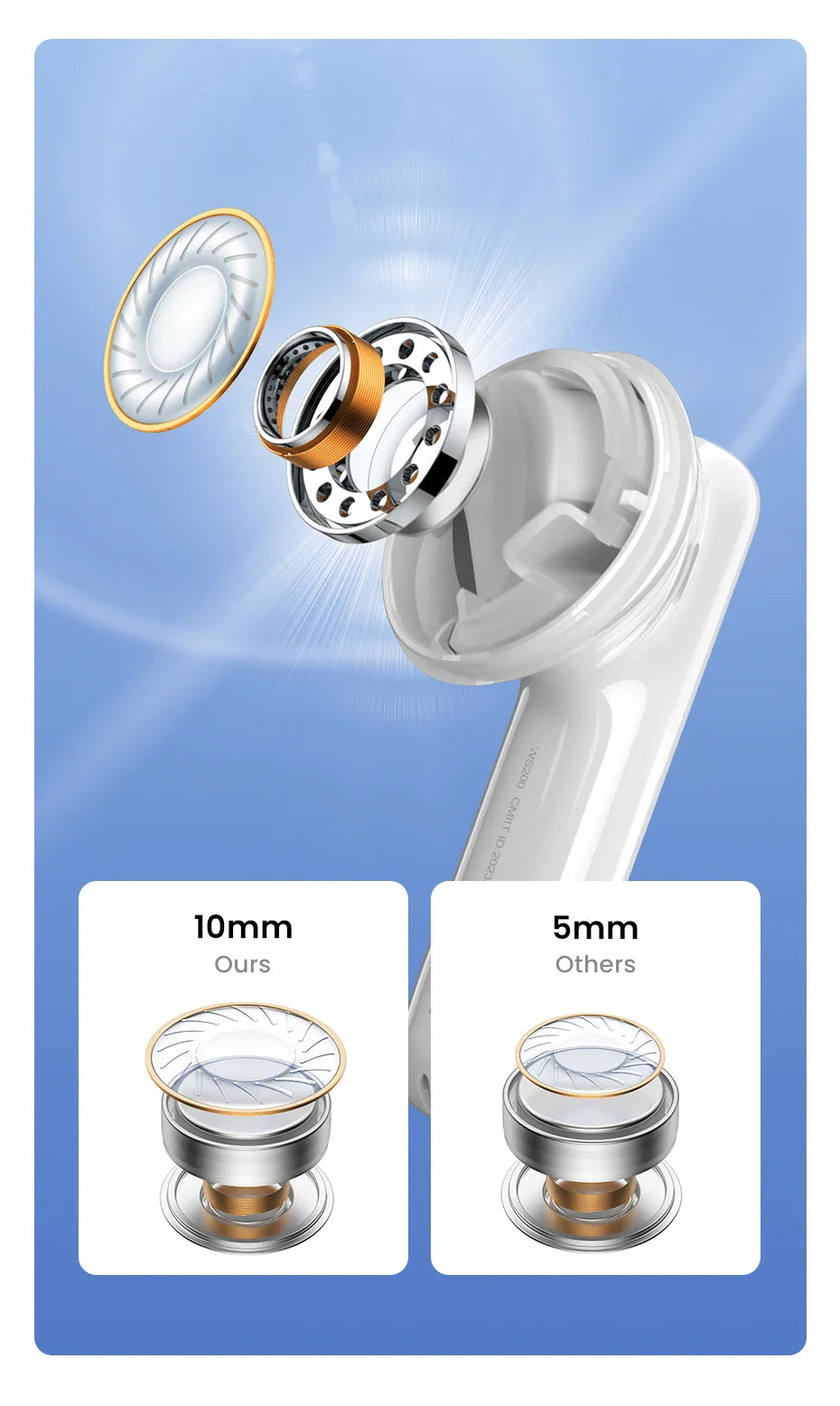 Exploded view of a white earbud with comparison diagrams.