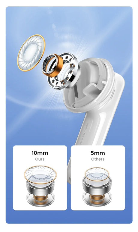 Exploded view of a white earbud with comparison diagrams.