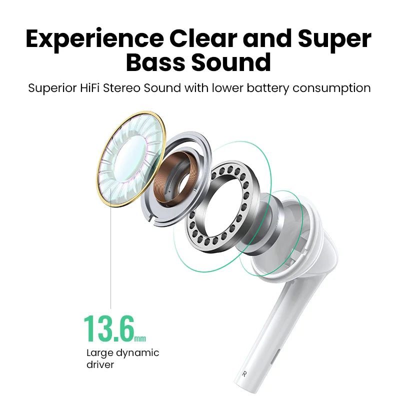 Exploded view of a white earbud.