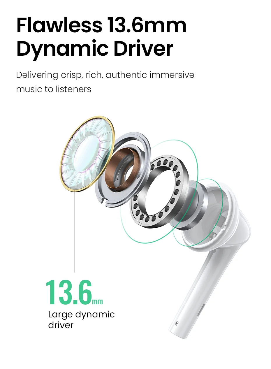 Exploded view of a white earbud.