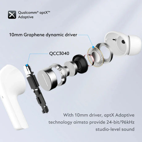 Exploded view of white wireless earbuds.
