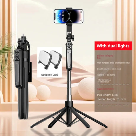 Extendable phone tripod with dual lights.