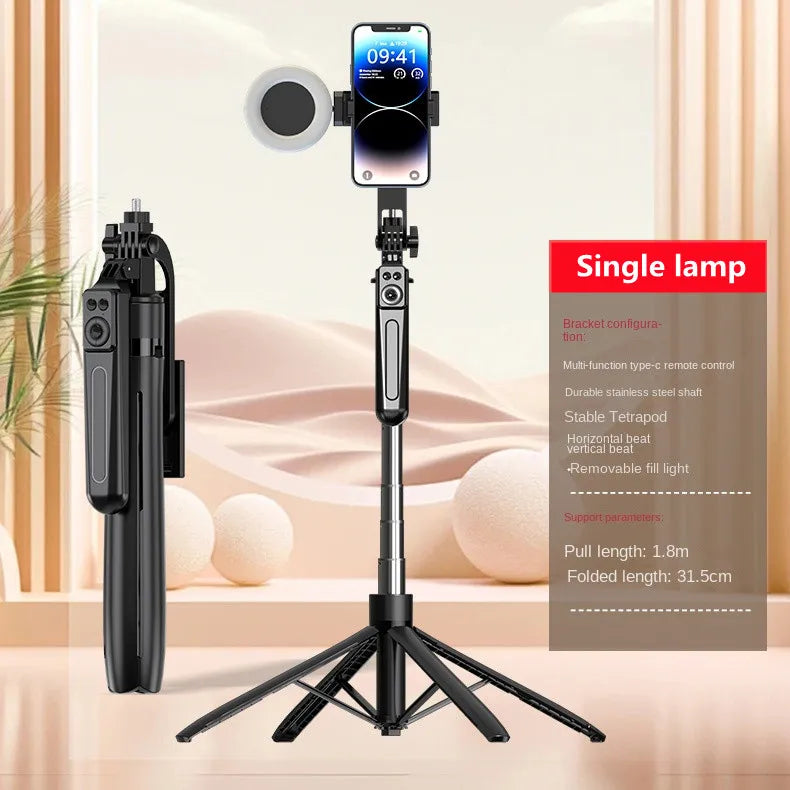Extendable phone tripod with ring light.