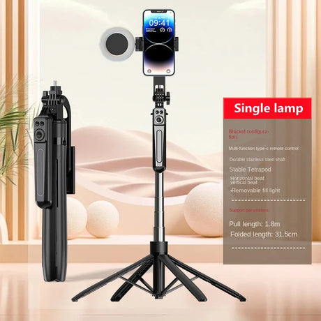 Extendable phone tripod with ring light.