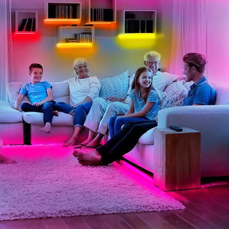 a family sitting on a couch in a living room