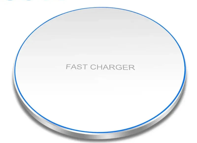 a white and blue wireless charger with the words fast charger on it