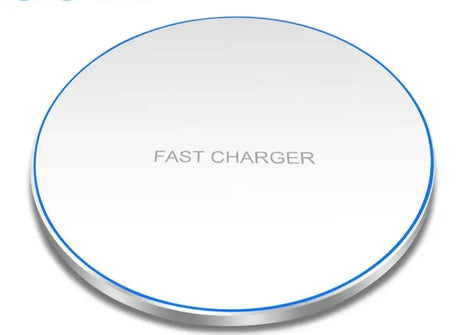 a white and blue wireless charger with the words fast charger on it